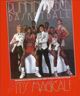 1987 UNLV Final Four team seniors with Sigfried & Roy on a media guide cover.